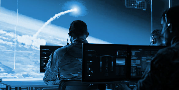 Joint Training & Excersises image of people on computers and military missile launch